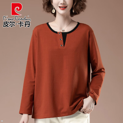 皮尔卡丹（pierre cardin）加肥加大码长袖T恤女2025春秋中年妈妈时尚百搭遮肚显瘦减龄打底 黑色【6187】 L