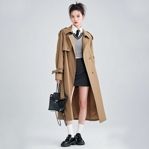 Golenz 2025 nuevo estilo de otoño estilo británico chaqueta cortavientos pequeña de doble botonadura para mujer abrigo casual de color sólido caqui clásico M recomendado 110 ~ 130 Jin Jin equivale a 0,5 kg