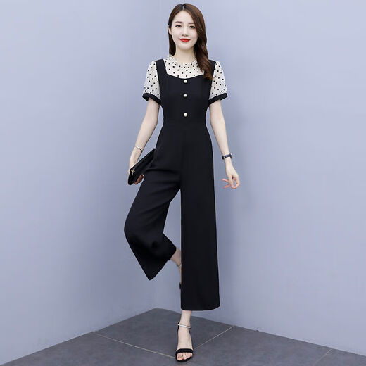 皮尔卡丹（pierre cardin）短袖雪纺阔腿连体裤套装女2025年新款时尚气质夏季薄款一体连衣裤 【1098#】杏色 连体裤 M 建议95-105斤