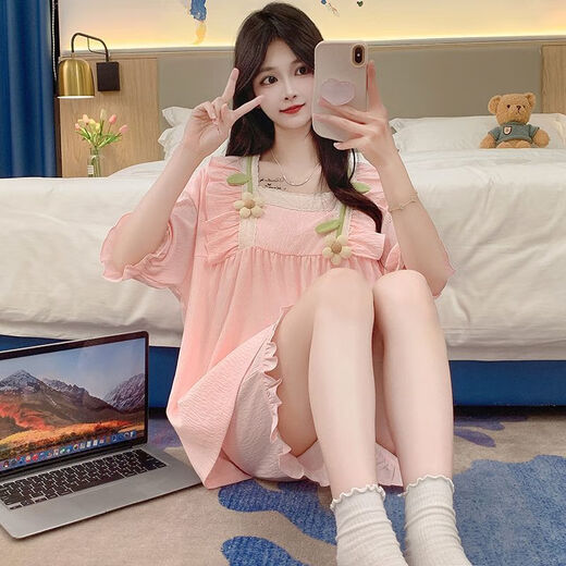 崽白2024新款睡衣女夏季带胸垫甜美可爱花朵宽松薄款家居服套装可外穿 jw-3881#粉色固定胸垫 L