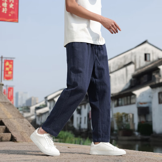 月伊纺夏季新款亚麻休闲裤男士潮流百搭九分裤子新中式中国风男装哈伦裤 灰色 薄款 -卡码拍大 3XL