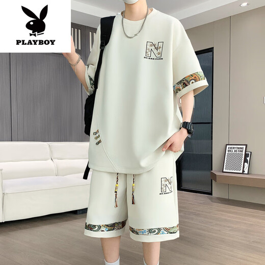 花花公子（PLAYBOY）2025年夏季新款中国风时尚休闲男士套装圆领短袖T恤短裤两件套潮 【短.袖套装】6195 米白色 3XL (建议160-180斤)
