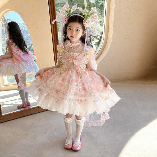 Vestido de princesa de la niña hormiga Lolita 2025 NUEVO SUMER CHILLE's Fair Fair Dress Vestido de cumpleaños para niñas Rosa (6630 Flower Fairy Vestido + Soporte de falda) 140 Recomendado 7-8 años (aproximadamente 135 altura)