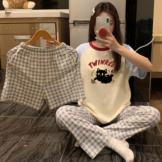 Aifenrou pijamas de tres piezas de verano para mujer pantalones de manga corta de algodón puro conjunto fino y lindo para niñas primavera otoño verano conjunto de ropa para el hogar conjunto de tres piezas W1105K manga corta + pantalones cortos + pantalones M Peso 80-100 Jin Jin equivale a 0,5 kg