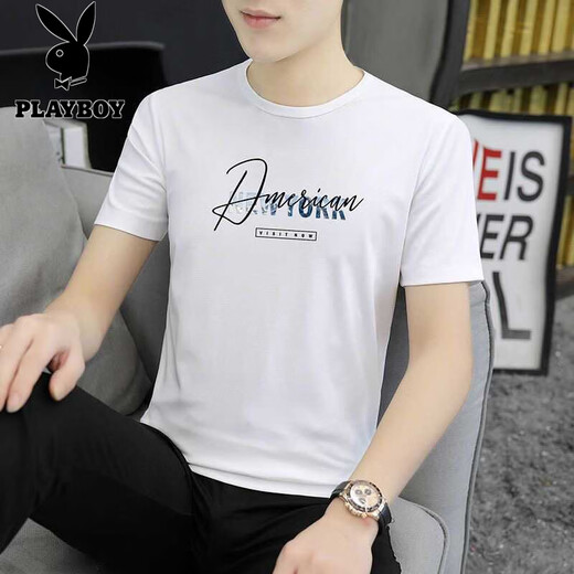 Playboy (PLAYBOY) Modal ice silk short-sleeved T-shirt for men 2025 summer new round neck half-sleeved trendy brand quick-drying cool T-shirt top 1421 white M 100Jin Jin is equal to 0.5kg -110Jin Jin is equal to 0.5kg