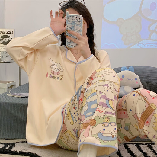 FHHUABDins风网红新款睡衣春秋款开衫薄款长袖长裤宽松公主风居家服套装 9207叮当猫 L 【建议100-120斤】