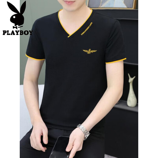 Playboy (Playboy) T-shirt à manches courtes de Coton en V pure V2025 Été Nouveau T-shirt de glace pour hommes à demi-manche décontractée et polyvalente.