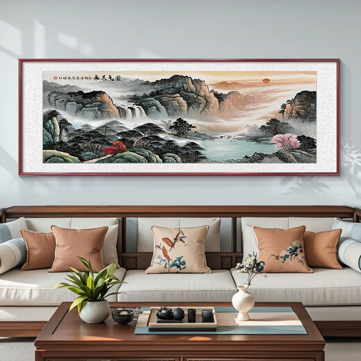 弥锦纯手绘字画名人手工真迹高档挂画办公室背景墙山水聚宝盆客厅装饰 CT-1656-背有靠山 手绘+有机玻璃+红实木框180*80