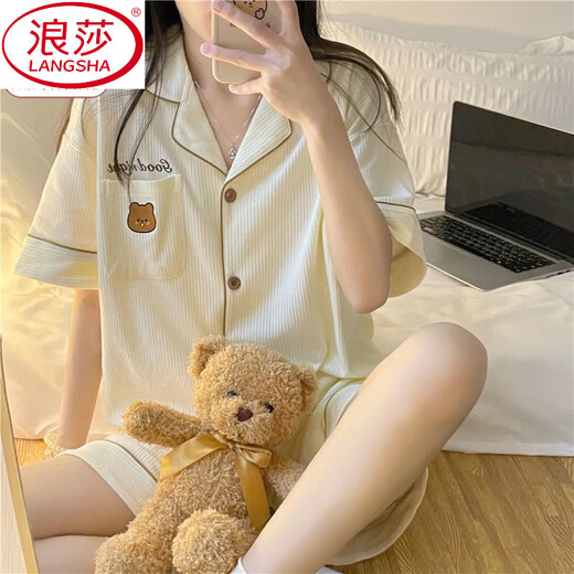 浪莎（LangSha）外穿夏季睡衣女新款ins风日系短袖短裤公主风卡通小熊家居服套装 6628-小熊【短袖+短裤】 L 建议体重105-120斤