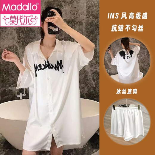 莫代尔薄款洋气轻奢衬衫冰丝睡衣女夏季网红风中长款大码宽松睡裙女夏天 719白色+短裤 M