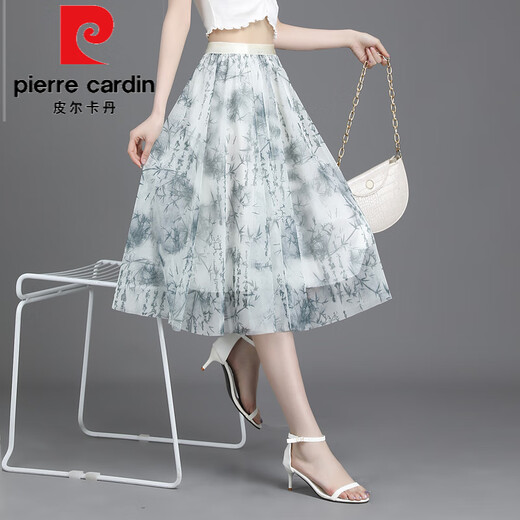 Pierre cardin 2025 summer new floral skirt for women with small fresh short skirt with large sway mesh printed A-line slim chiffon mid skirt 9906-8# One size (suggested 90-145Jin [Jin equals 0.5 kg])