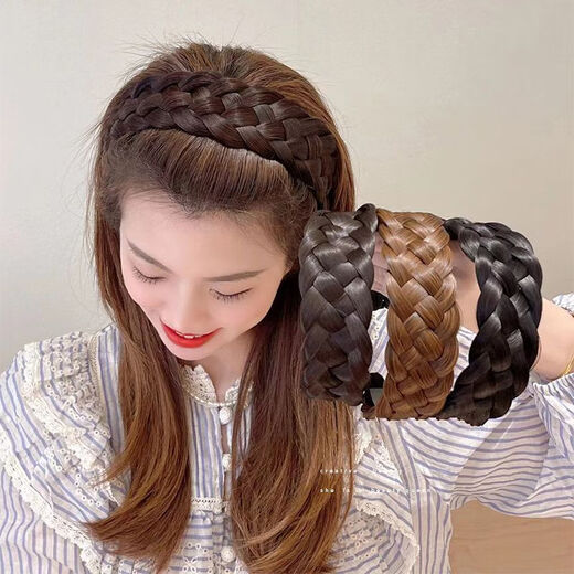 Yingtang 2025 new wide-brimmed wig braided hair hoop women's headband pressed hairpin headdress fish bone white hair hoop five-strand hair hoop - natural black