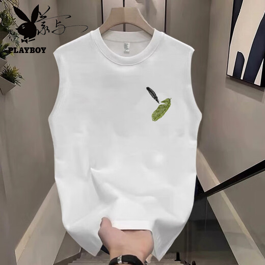 Playboy (PLAYBOY) American Vest Vest Boy 2025 New Summer Casual Sports Pure Cotton Loose Simple Sleeveless T-shirt T-shirt Brand Black [Vest K1098 Two Small Feathers] S S Recommended 70-80Jin [Jin equals 0.5 kg]