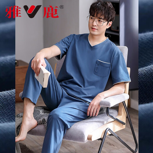 Yalu pure cotton pajamas for men in summer short-sleeved trousers for home clothes for men in thin ice silk cool solid color set 2679* Short-sleeved + trousers L 100-120Jin [Jin equals 0.5 kg]
