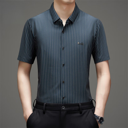 Jinlilai kurzärärmiges Hemd Herren Sommer Neugeschäft Casual High Elastic Nicht-Scaling Ice Seide gestreiftes Hemd C612 Weiß L 170