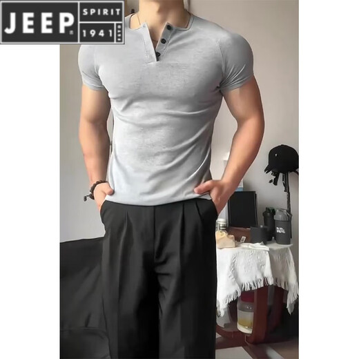 JEEP SPIRIT灰色修身收腰亨利衫短袖男款夏季美式重磅显肌肉t恤健身打底衫 浅灰色升级款 90%买家选择 M 适合100-120斤