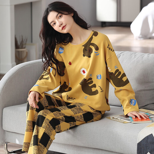 Spring and Autumn Pajamas for women pure cotton cute long-sleeved Korean loose student suit can be worn on the outside for summer, autumn and winter home clothes Emerald green GXT9928 M (recommended 75-95Jin [Jin equals 0.5 kg])