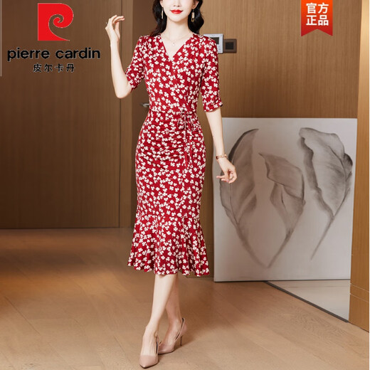 皮尔卡丹（pierre cardin）包臀时尚经典黑波点气质优雅鱼尾裙2025春夏装新款V领显瘦连衣裙 679浅杏底红叶 XL