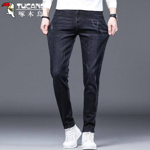 Holzspecker (Tucano) Jeans Herren Frühling und Sommer Schlanker elastischer Long Hosen Herren Trendy Business Casual Hosen Männer Blau Schwarz 32