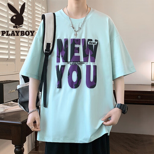 花花公子（PLAYBOY）发泡字母印花短袖男夏季休闲宽松五分半袖t恤男青少年情侣款体恤T LF5012黑色 M 约85~110斤可穿