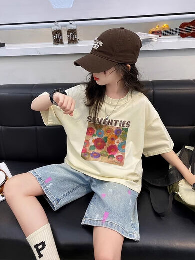 Disney (Disney) Internet Prominente Aprikose Graffiti Baumwollkinder T-Shirt Kurzärärmelte Sommer mittelgroß