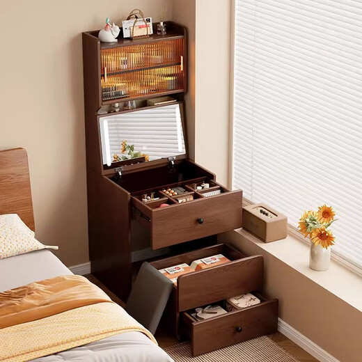 Stamen Solid Wood Dressing Table Bedroom Bedside Flip Integrated Dressing Table Storage Cabinet with USB Socket and Mirror High Cabinet High Cabinet Style - Walnut Color 70cm Dressing Table + Makeup Stool Upgraded Flip Makeup Mirror + USB Socket