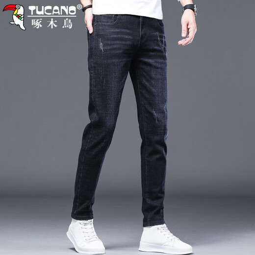 Holzspecker (Tucano) Jeans Herren Frühling und Sommer Schlanker elastischer Long Hosen Herren Trendy Business Casual Hosen Männer Blau Schwarz 32