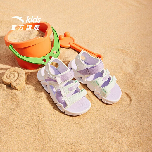 ANTA Children's Sandals Girls' Shoes Kids 2026 Summer New Arrival Velcro Outdoor Arch Open Toe Beach Shoes Anti-Slip ANTA White/Fresh Purple-1 32