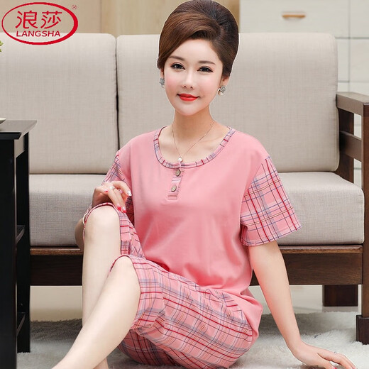 浪莎（LangSha）中年妈妈睡衣女夏季棉短袖七分裤加肥加大码家居服中老年人套装 t3937 XL (115-135斤)