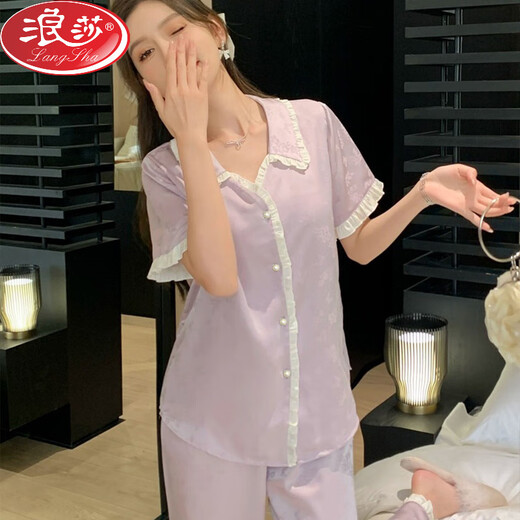 浪莎（LangSha）宫廷风甜美少女蕾丝花边睡衣女春夏季2025冰丝短袖长裤家居服套装 高品质-YFY-9905【短袖长裤】 M 【建议80-100斤】
