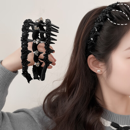 Zhuo Keke Princess of Paris headband high skull light luxury toothed headband high-end fashion western style hand-beaded hair bundle headband black satin beaded headband