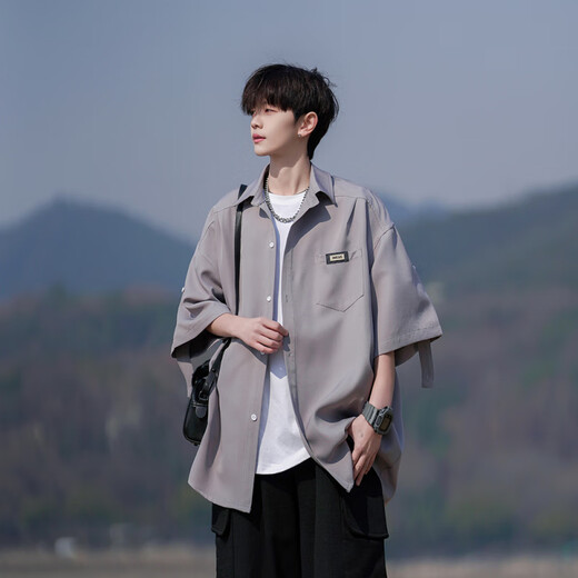Nying Japanese Short Sorthing Shirt Men's 25 Summer New New Trendy Retro Retro Cool Breathable Chaqueta informal de gran tamaño Black XL (130-150Jin [Jin equivale a 0.5 kg])