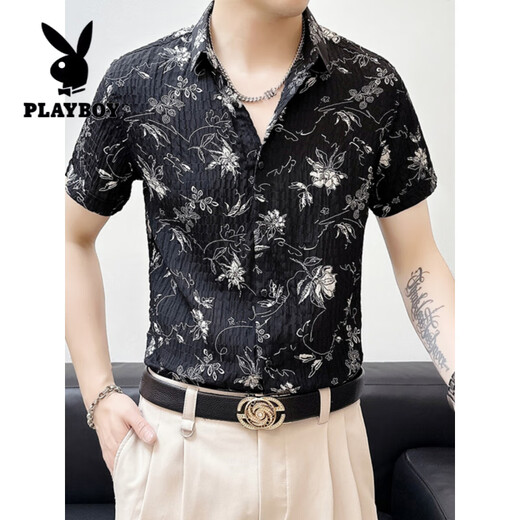 花花公子（PLAYBOY）冰丝修身短袖薄款碎花衬衫男士夏季休闲免烫垂感中袖衬衣时尚男装 BK679黑色 L