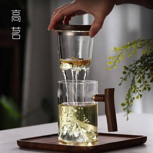 温诗欧个人专用泡茶杯茶水分离男士带把喝茶水杯玻璃日式观山茶道杯子 9194鸿崖三件杯榉木450ML 200mL(含)-400mL(含)