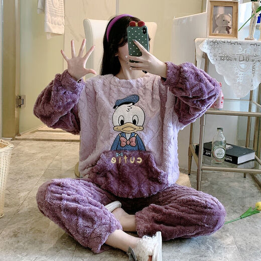 FHHUABD新款睡衣女秋冬季法兰绒加厚学生卡通甜美珊瑚绒家居服套装 829#卡通狗紫色 M 建议80-100斤
