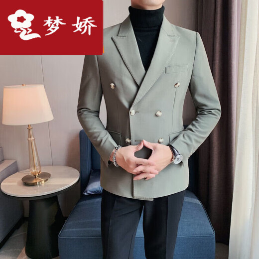 梦娇双排扣休闲西装外套男春秋高级英伦商务单西潮流修身男士西服套装 X829双排扣西装_大气黑 2XL_[高品质]