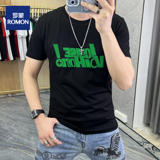 罗蒙（ROMON）t恤男士短袖男2025夏季欧货新款字母T恤上衣简约修身潮圆领半袖男 733烫钻菊帽子黄色 M