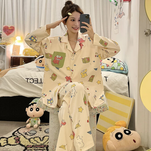Yu Zhaolin pajamas for women spring and autumn long-sleeved cartoon style student ladies cute pocket soft lapel cardigan home wear set