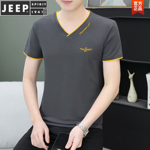 Jeep Spirit Summer Camiseta de manga corta para hombres Camiseta de algodón puro en forma de V en forma de V de moda.