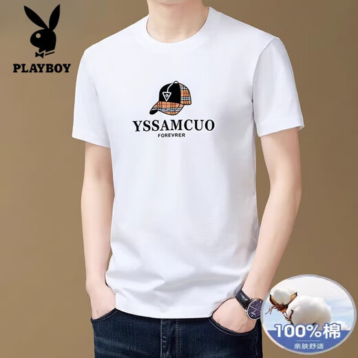 花花公子（PLAYBOY）品牌男装100%纯棉男短袖t恤圆领潮流时尚印花半袖汗衫体恤 9922黄色 M 建议95-120斤