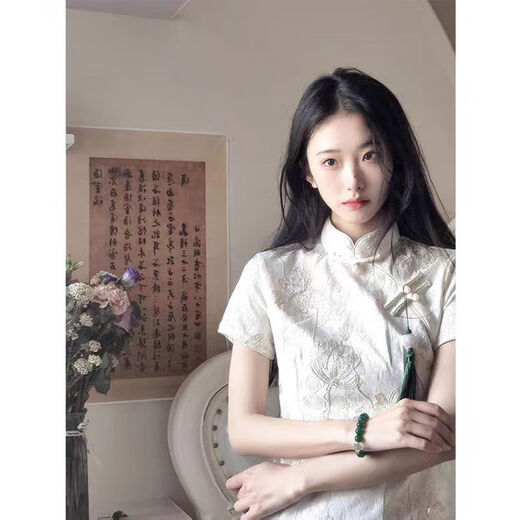 Xianxiu mejorado Cheongsam 2025 Temperamento de verano Vestido blanco Estilo nacional 831 Chiffon verde S