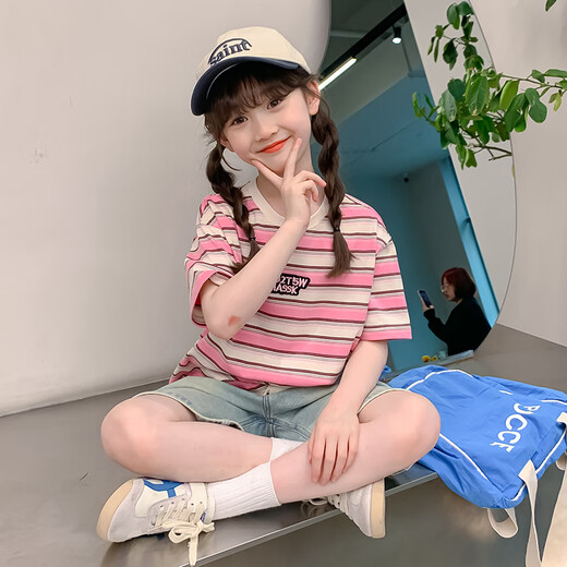 迷你巴拉巴拉（MINI BALABALA）【央妈推荐】女童夏装短袖T恤夏款2025新款女大童条纹半袖儿童夏 DY11980红色 160 cm