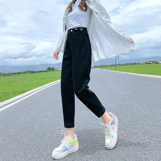 姿伟祺【30天1477件】格子蝴蝶结拼接阔腿牛仔裤女春秋新款不贴腿宽 深蓝长裤【高品质】 M 建议：95-105斤左右