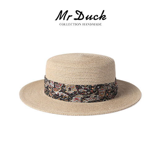 Mr DUCK轻奢级 进口菲律宾超轻薄透气天然麻 法式平顶帽 大小头围礼帽子 MS56329-浅米其（平顶草帽） M（55-56cm）