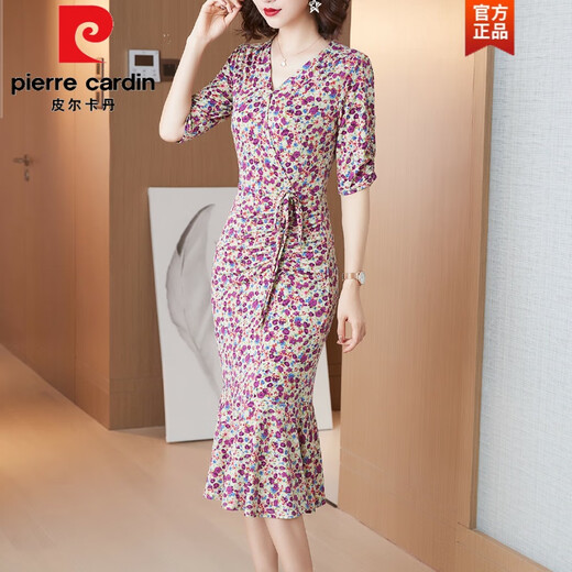 皮尔卡丹（pierre cardin）包臀时尚经典黑波点气质优雅鱼尾裙2025春夏装新款V领显瘦连衣裙 679浅杏底红叶 XL