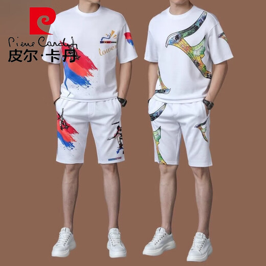 Pierre cardin men's ice silk casual sports suit summer short sleeve two-piece set high-end fashion trend T-shirt men's shorts knitted PC/H9856B white suit M 105 (suitable for 90-120 Jin [Jin equals 0.5 kg])