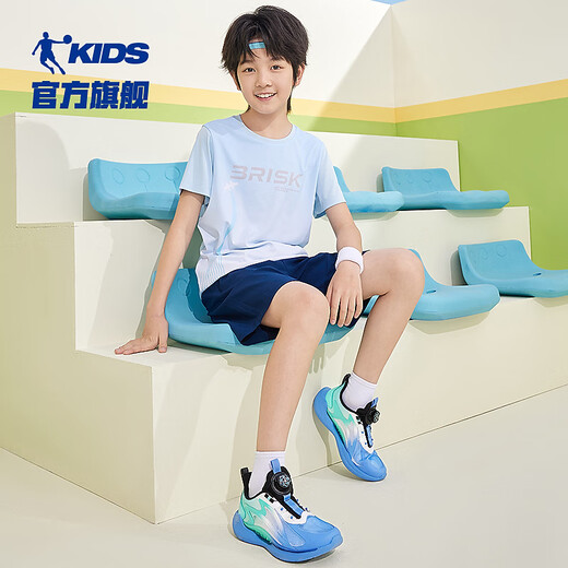 乔丹男童跑步鞋儿童夏季运动鞋大童旋钮扣轻便童鞋 冰月蓝/初音绿 38