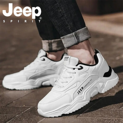 JEEP SPIRIT吉普男鞋夏季2025新款休闲户外跑步运动鞋子男士增高厚底老爹鞋 白黑 42