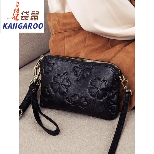 Embrayage en cuir kangourou pour les femmes 2025 Nouveau sac à bandoulière mobile en relief en relief pour les femmes Polvyle Crossbody Small Bag Flagship - petit noir