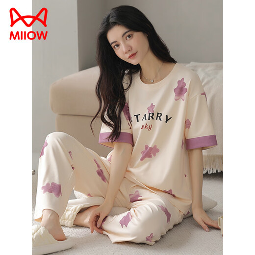 猫人（MiiOW）夏季女士短袖睡衣套装纯棉全棉长裤家居服春秋薄款春秋天可外穿 Y9716 M (建议75-95斤)